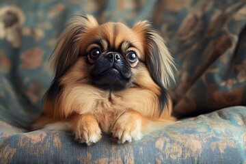 A playful Pekingese dog with its fluffy mane sitting on a cushion