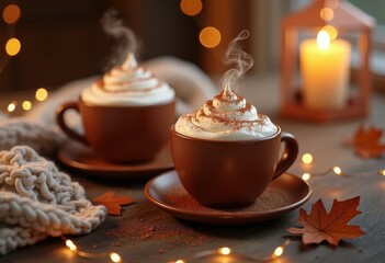 warm inviting cozy scene featuring steaming mugs rustic wooden table surrounded gentle ambient lighting, beverage, ceramic, drink, coffee, teapot, spoon