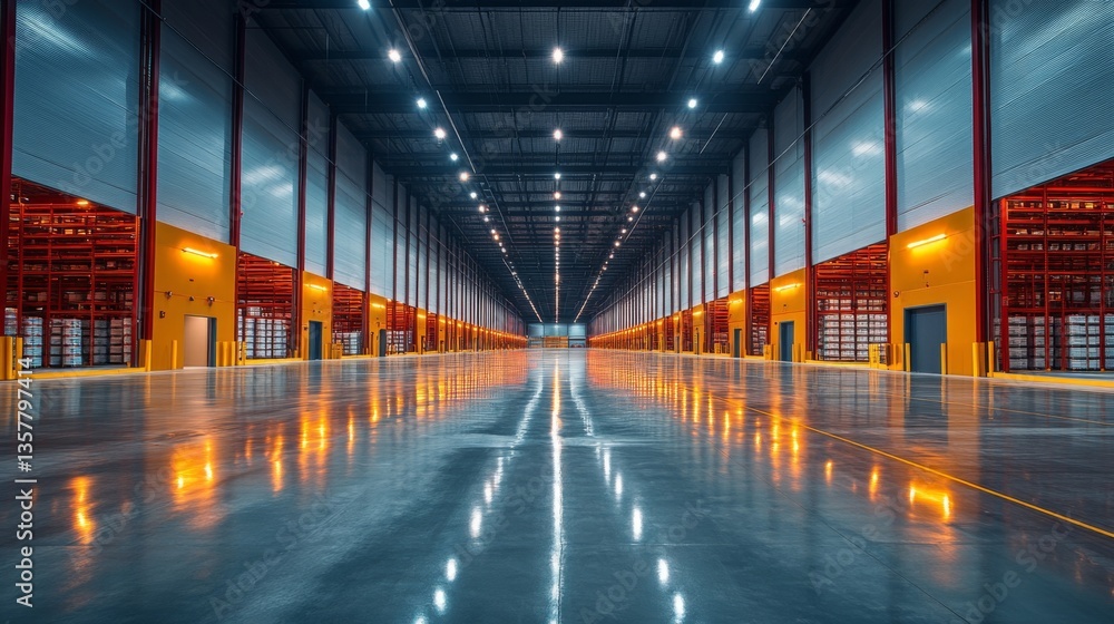Poster a large, well lit warehouse features high ceilings and polished concrete floors. the organized space