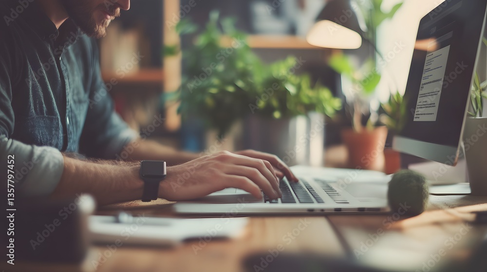 Poster focused productivity: a person types diligently on a laptop, illuminated by soft lighting, capturing