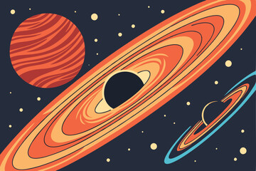 29 Space scene, black hole, cosmic event, swirling energy, celestial phenomenon, dark planet, fiery accretion disk, glowing particles, galactic vortex, astronomical illustration, stellar explosion, co