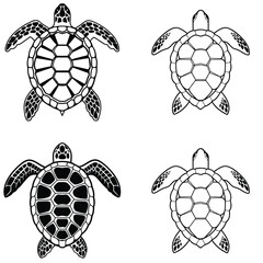 A Set of Four Turtle Icon Designs Showcasing Intricate Shell Patterns, Perfect for Wildlife, Marine Life, or Conservation-Themed Projects, Representing Grace and Longevity