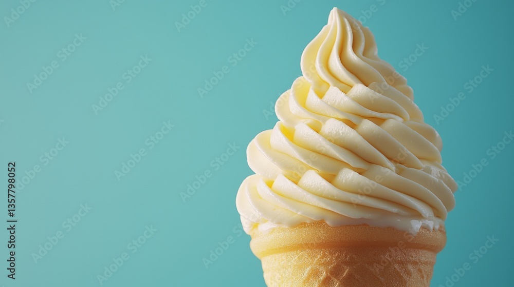 Poster single swirl of golden soft serve vanilla ice cream in a crispy wafer cone set against vibrant paste