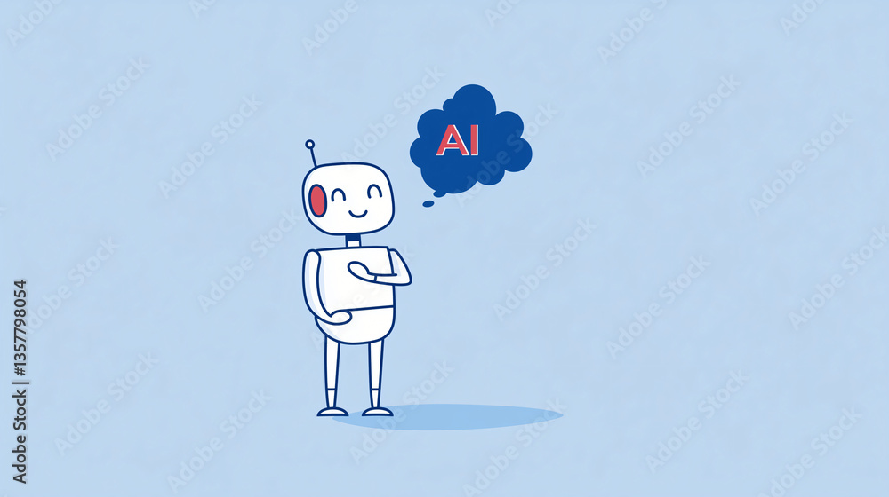 Poster robot with ai thought: an adorable robot, emitting a thought bubble that reads 