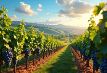 Naklejka premium breathtaking vineyard landscape featuring sun kissed grapes lush green rows under bright blue sky, vineyards, greenery, nature, agriculture, harvest, hillside