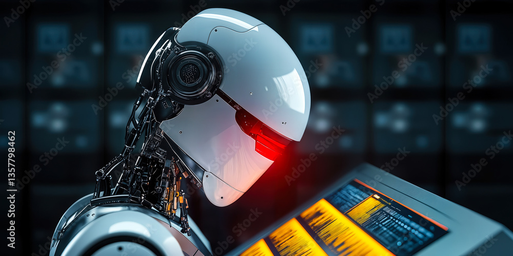 Poster robot interacting with digital voting interface in blurred data center setting, depicting ai technol