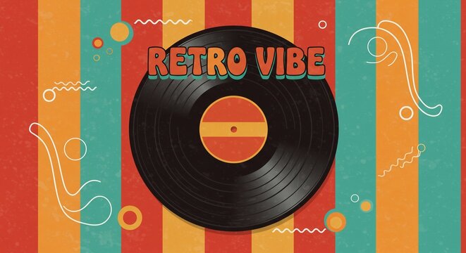  Colorful retro striped design in 1950s - 1960s style for poster or cover. With vinyl record and Retro vibe text.
