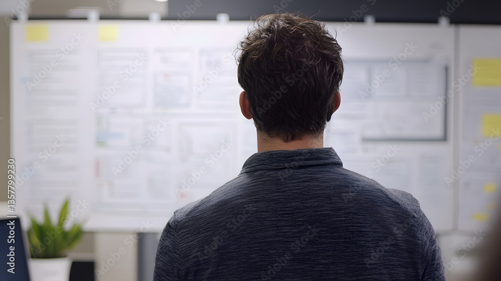 Poster visionary planning: a focused individual intently reviews a complex strategy or diagram on a large d