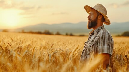Happy farmer standing in wheat field. Rustic Farm for Agricultural Business, Harvesting Season and Organic Farming Projects.