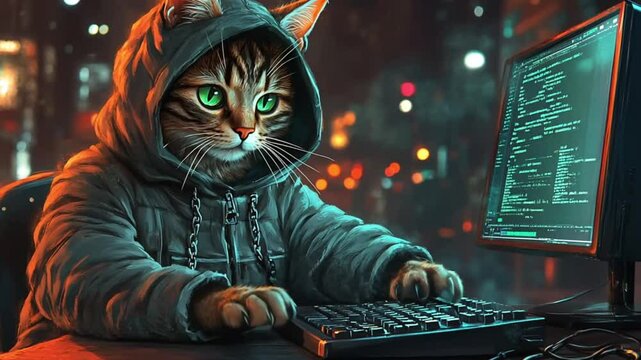 Cat Programmer in a Hoodie, Night City, Digital Art,  Coding, Stock Photo