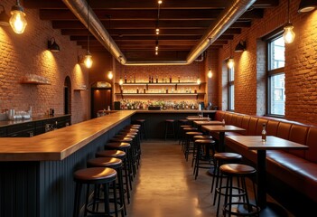 industrial bar interior exposed brick walls rustic decor ambient lighting steel accents vintage furniture, cafeteria, reclaimed, wood, table, chair, design
