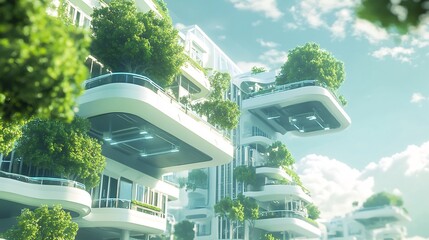 Random futuristic housing unit with floating balconies and seamless integration with urban greenery on an original background