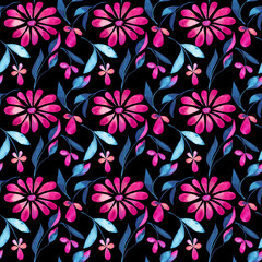 Magenta Floral Watercolor Pattern with Blue Leaves on the dark background