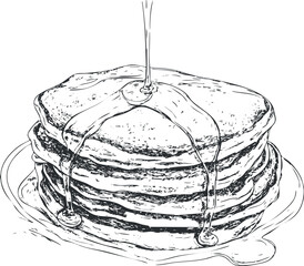 Illustration of a stack of pancakes with syrup drizzling on top.