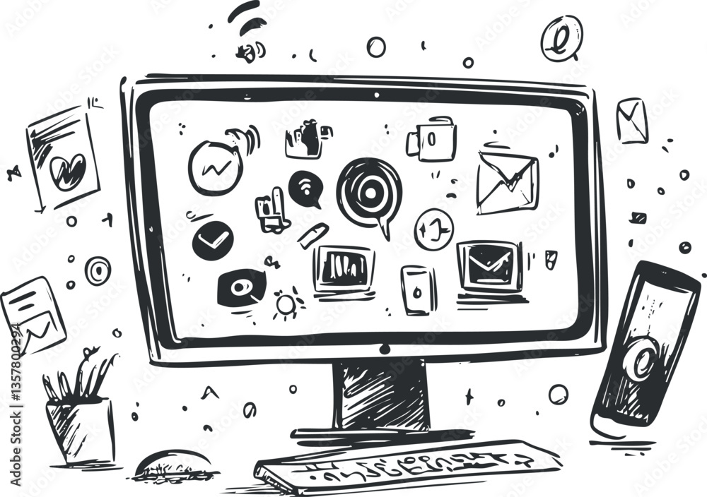 Poster black and white sketch of a computer screen with digital icons.
