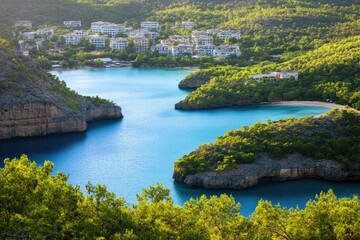 Serene coastal village nestled in turquoise bays, lush greenery