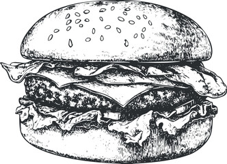 Obraz premium Vintage black and white illustration of a classic cheeseburger with lettuce.