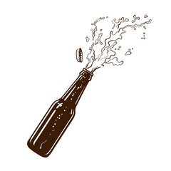 Beer bottle opening with foam splashes.