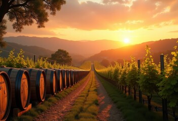 vineyards sunset wine barrels landscape serenity golden hour grape fields picturesque view, nature, scenery, harvest, plantation, color, tasting, orchard