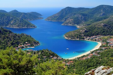 Obraz premium Panoramic view of a secluded bay, turquoise water, sandy beach, and green hills