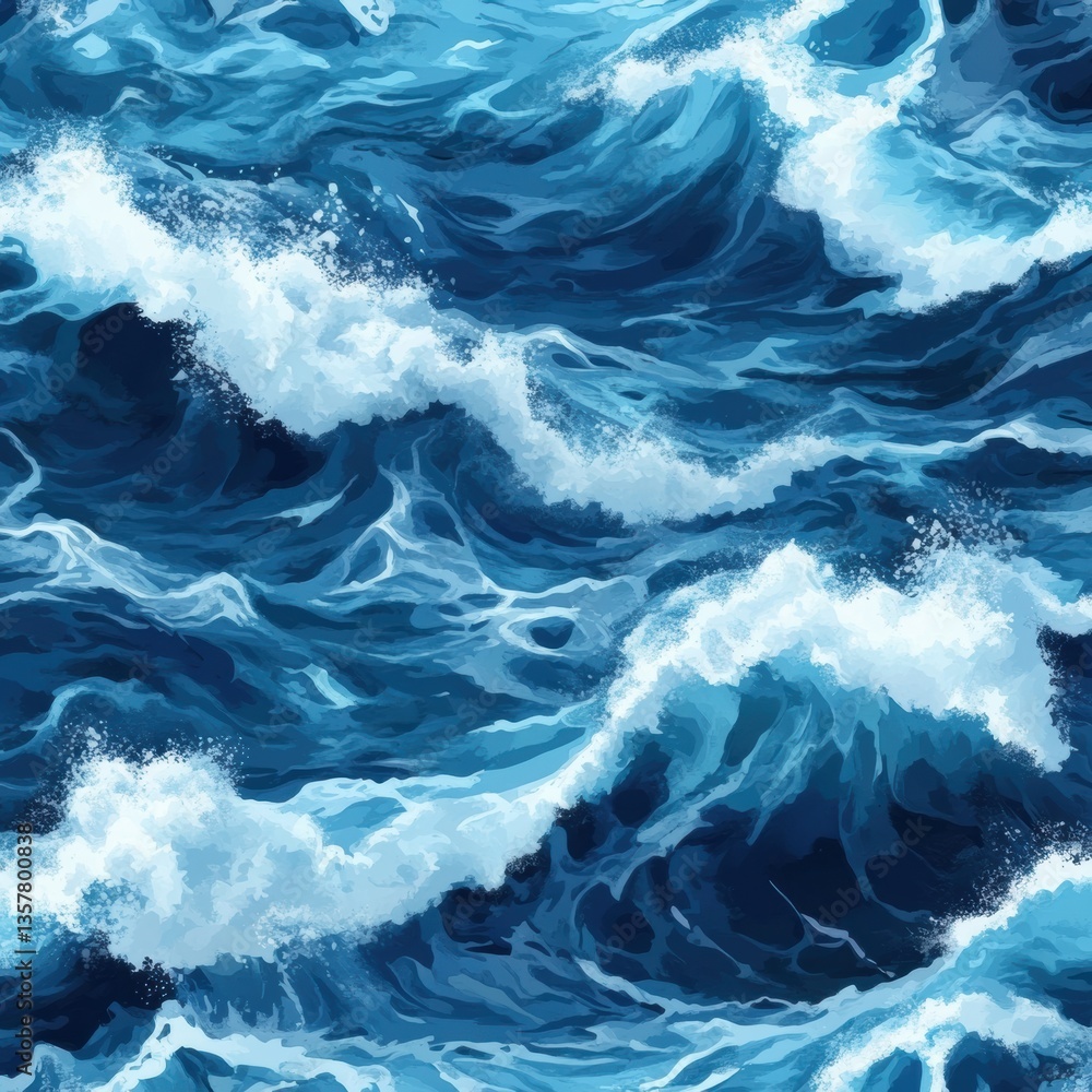 Poster seamless ocean wave pattern with swirling blue waters and dynamic whitecaps creating a relaxing atmo