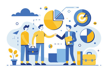 Business team, data analysis, pie charts, graphs, financial growth, collaboration, office workers, modern illustration style, flat design, vibrant colors, yellow and blue color scheme, geometric shape