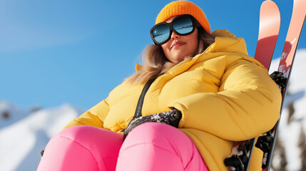 A woman in a yellow jacket and pink pants is sitting on a ski chair. She is wearing sunglasses and a yellow hat