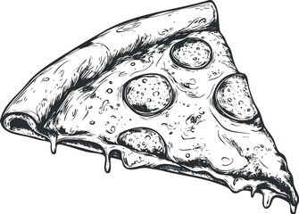 Detailed black and white illustration of a pepperoni pizza slice.