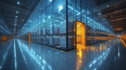 A spacious, high tech warehouse features well lit storage areas with neatly organized shelves.