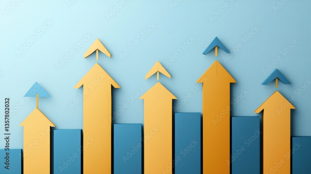 Poster modern business background with layered bar charts and upward arrows in gold and blue generative ai