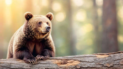 Obraz premium Brown bear sitting on a log in a sunlit forest