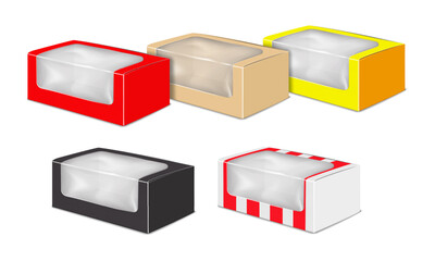 Clamshell paper box with clear plastic window. Realistic 3d color vector mock-up set. Easy editable. Paperboard container with transparent lid. Mockup kit. Takeout food package. Template for design