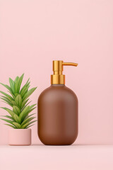 Brown dispenser bottle with small plant on pink background