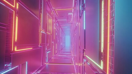 Random view of a glowing urban corridor with angular futuristic structures and embedded neon details on a colored background
