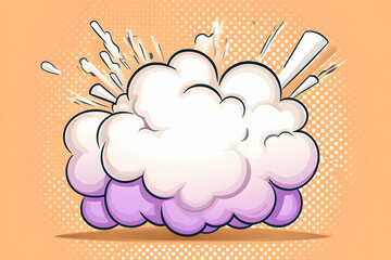 Cartoon explosion with purple and white smoke cloud on peach background