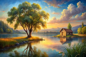 Fototapeta premium Vintage Lake Art: Serene Lakeside Scene with Copy Space for Text