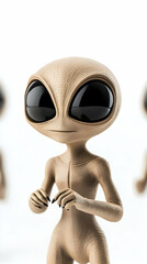 Close-up of a beige alien figurine with large black eyes, slightly blurred others in background