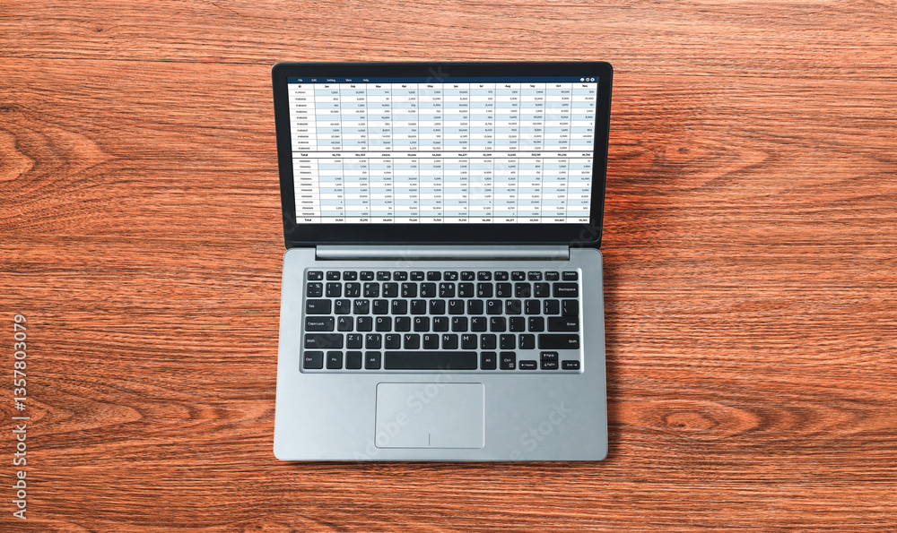 Poster accounting software on computer screen showing financial statement spreadsheets and account balance 
