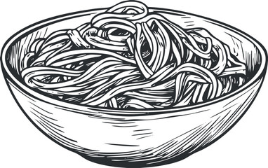 Black and white illustration of a bowl of spaghetti noodles.