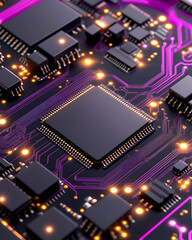 Fototapeta premium Close-up of a dark circuit board with a central processor, illuminated with warm light accents