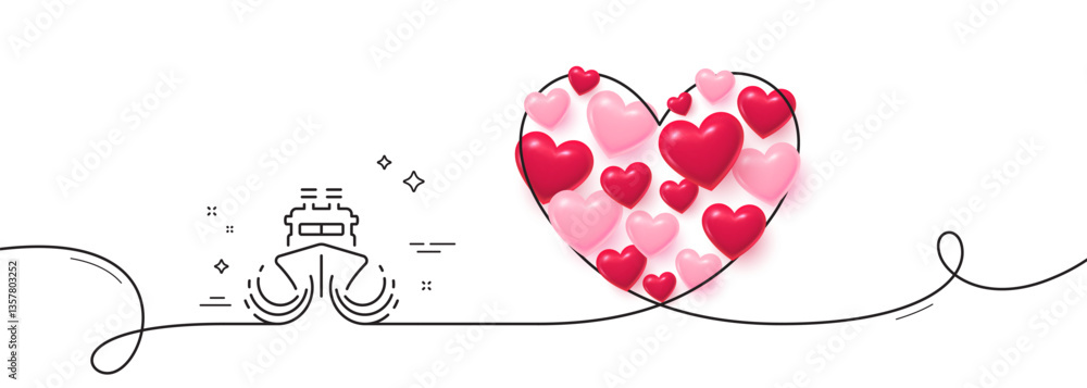 Poster ship in waves line icon. continuous line big heart. watercraft transport sign. shipping symbol. 3d h