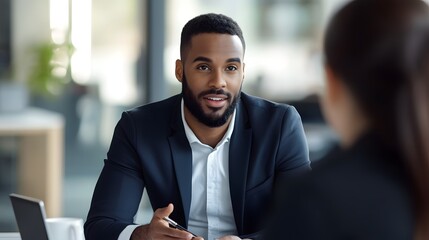 Focused Discussion: A sharp image showing a close up shot of an african american man engaged in a conversation, conveying professionalism and focus.