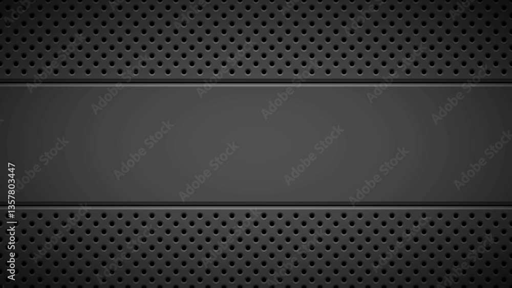 Poster black abstract technology background with circle perforated pattern, speaker grill texture and horiz