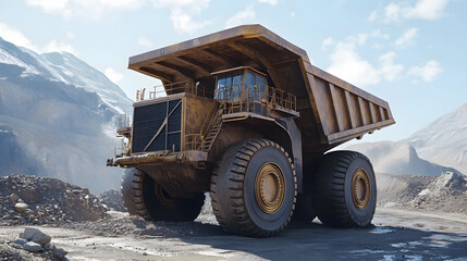 Obraz premium A giant dump truck transporting ores from a mining site, with large tires and a powerful engine moving through rugged terrain.