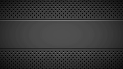 Black abstract technology background with circle perforated pattern, speaker grill texture and horizontal bevels for presentations and design concepts. Vector illustration.