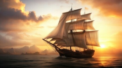 Fototapeta premium A majestic sailing ship glides through calm waters at sunset, surrounded by serene mountains, This image can enhance travel brochures, maritime articles, or historical documentaries,