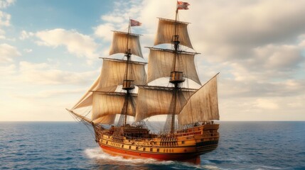 A majestic sailing ship with tall masts and billowing sails glides through calm waters under a bright sky, perfect for nautical themes, adventure stories, or historical presentations,
