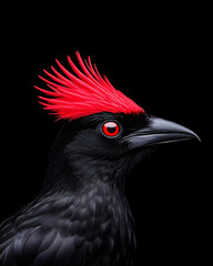 Close-up profile of a black bird with a vibrant red crest against a pure black background