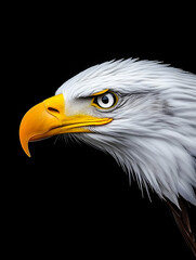 Obraz premium Close-up profile of a bald eagle's head against a black background, showcasing its sharp beak, intense gaze, and detailed feathers