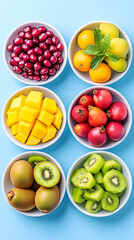 Colorful assortment of fresh fruits in bowls on a blue background